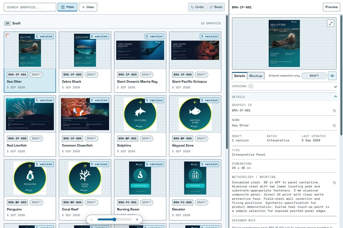 The titleblocks Dashboard with a collection of Blue Ridge Aquarium graphics and the Sea Otter graphic inspector open.