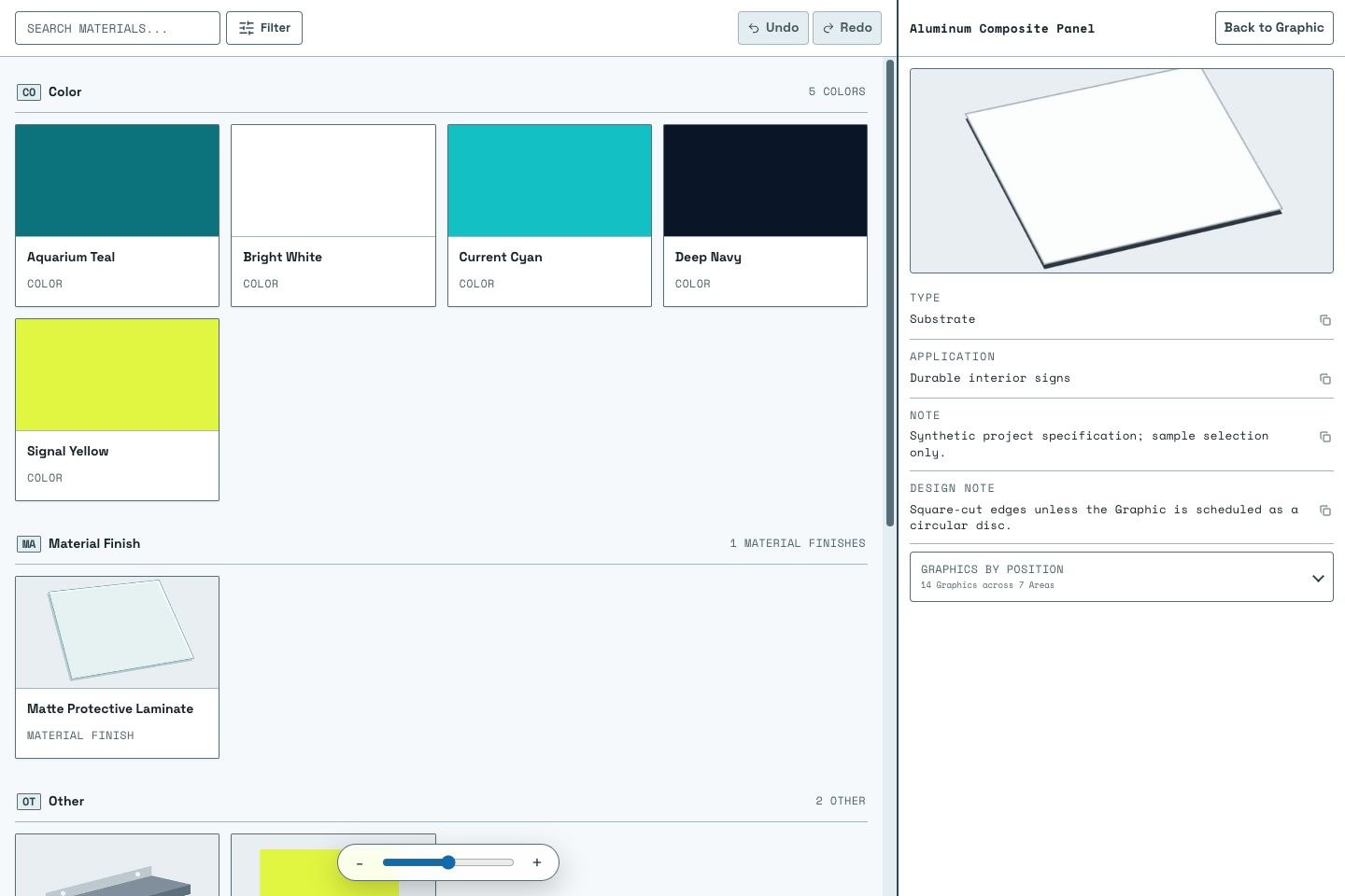The project material library with Aluminum Composite Panel selected, including specifications and linked graphics.